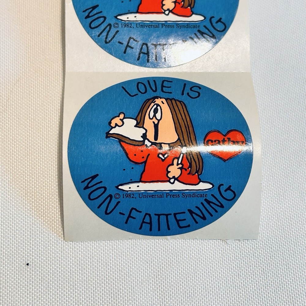 Cathy Cartoon Funnies Stickers Blue Love is Non-Fattening Vintage 1982 Qty 10